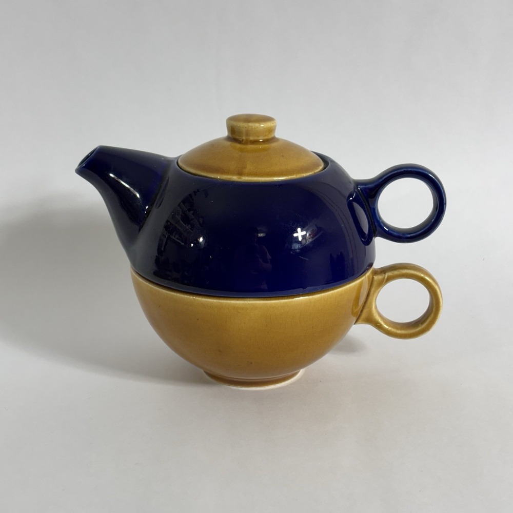 Tea For One Stackable Teapot Blue And Yellow Ceramic Made In Japan